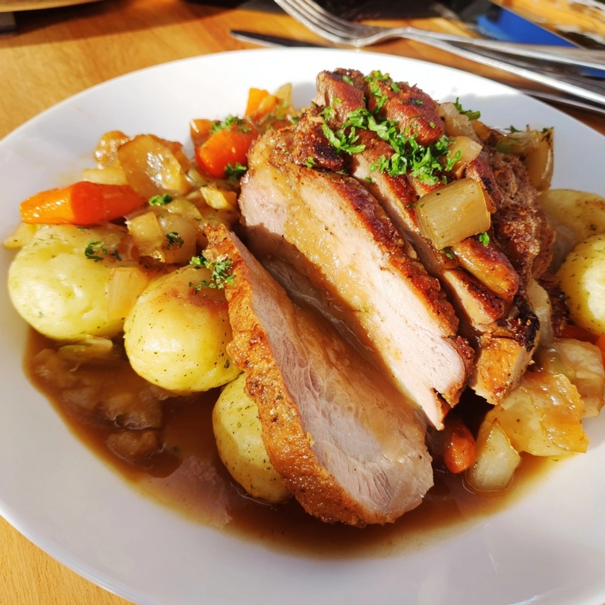 Deftiger, hausgemachter Schweinebraten mit Kartoffelknödel, ein sättigendes, traditionelles Gericht für kalte Tage.