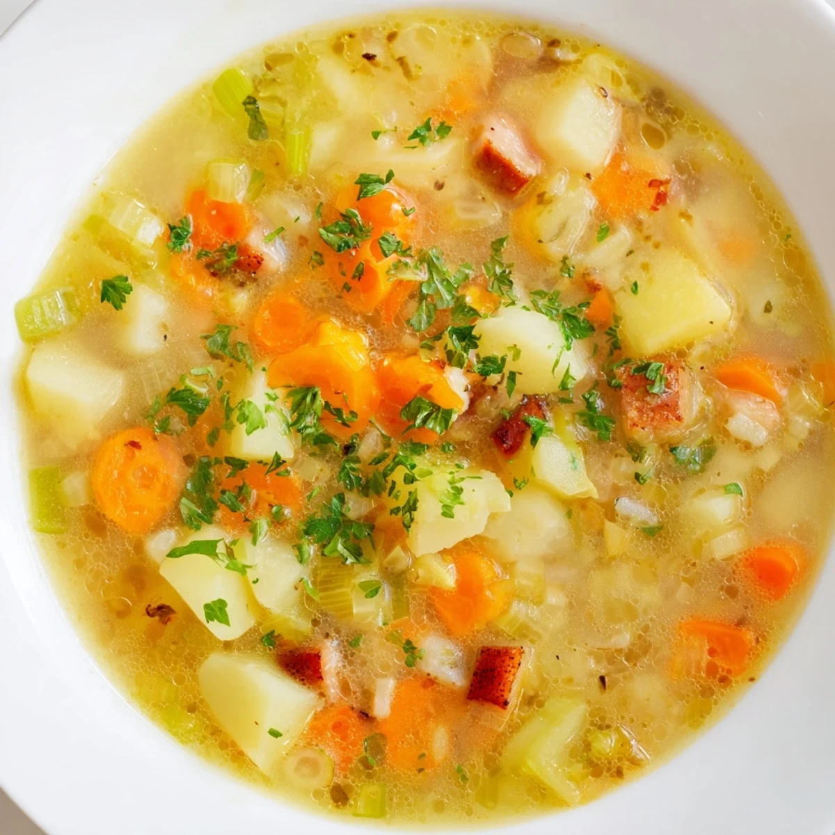 Füllende deutsche Kartoffelsuppe mit frischen Kräutern und knackigem Gemüse serviert.