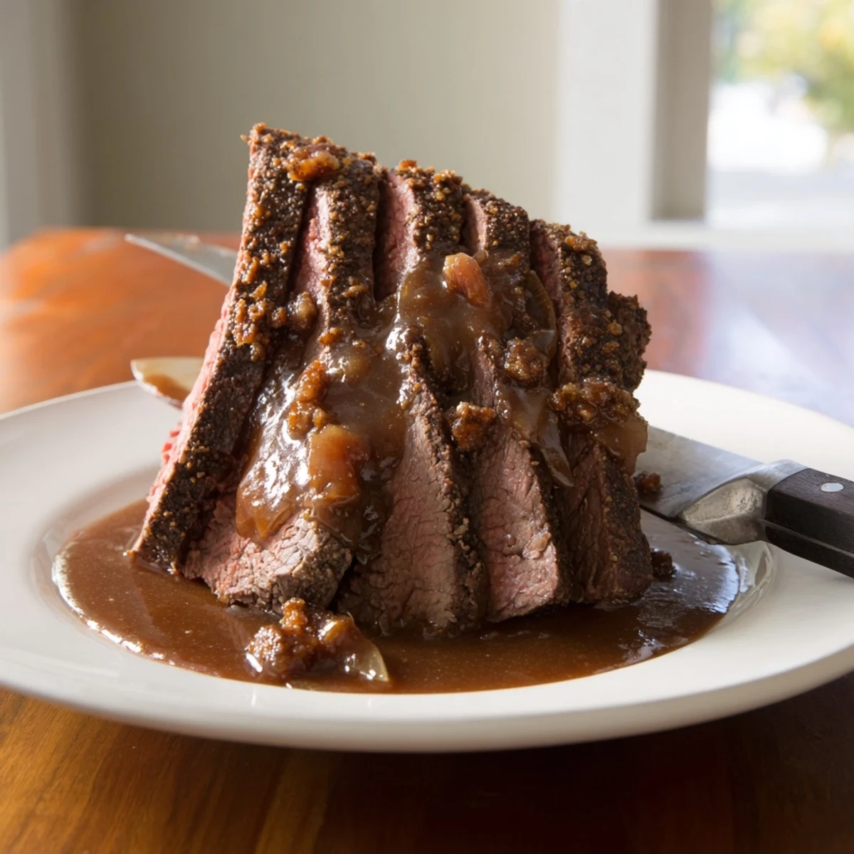 Herzhaft aromatischer Rhineland Sauerbraten, serviert mit geschmeidiger Soße und Beilagen.