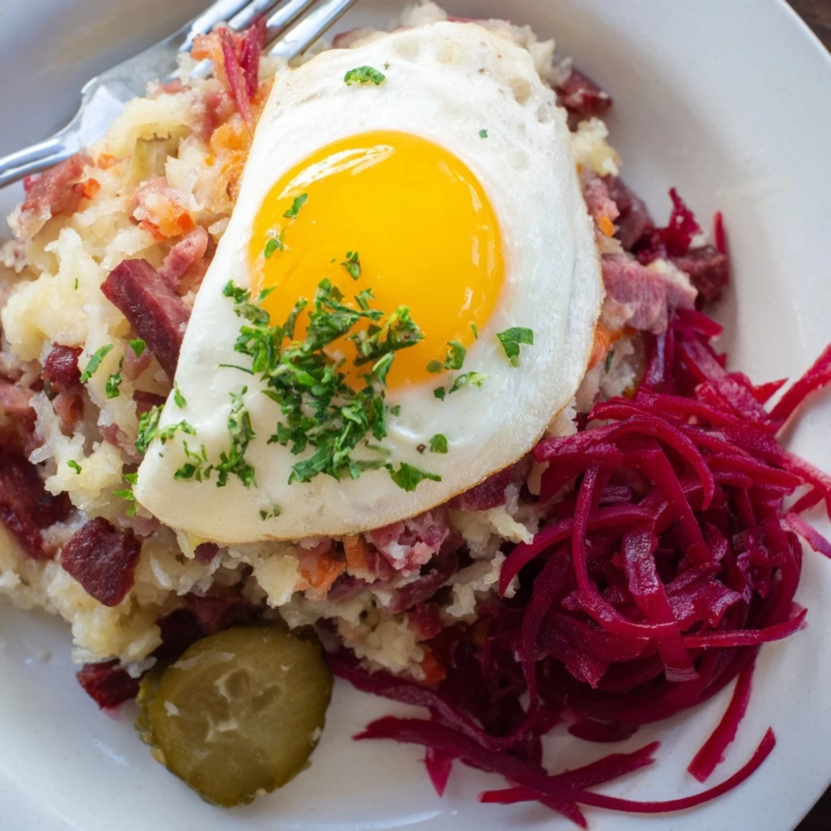 Herzhafter Labskaus mit Corned Beef, Rote Bete und Spiegelei auf einem Teller.