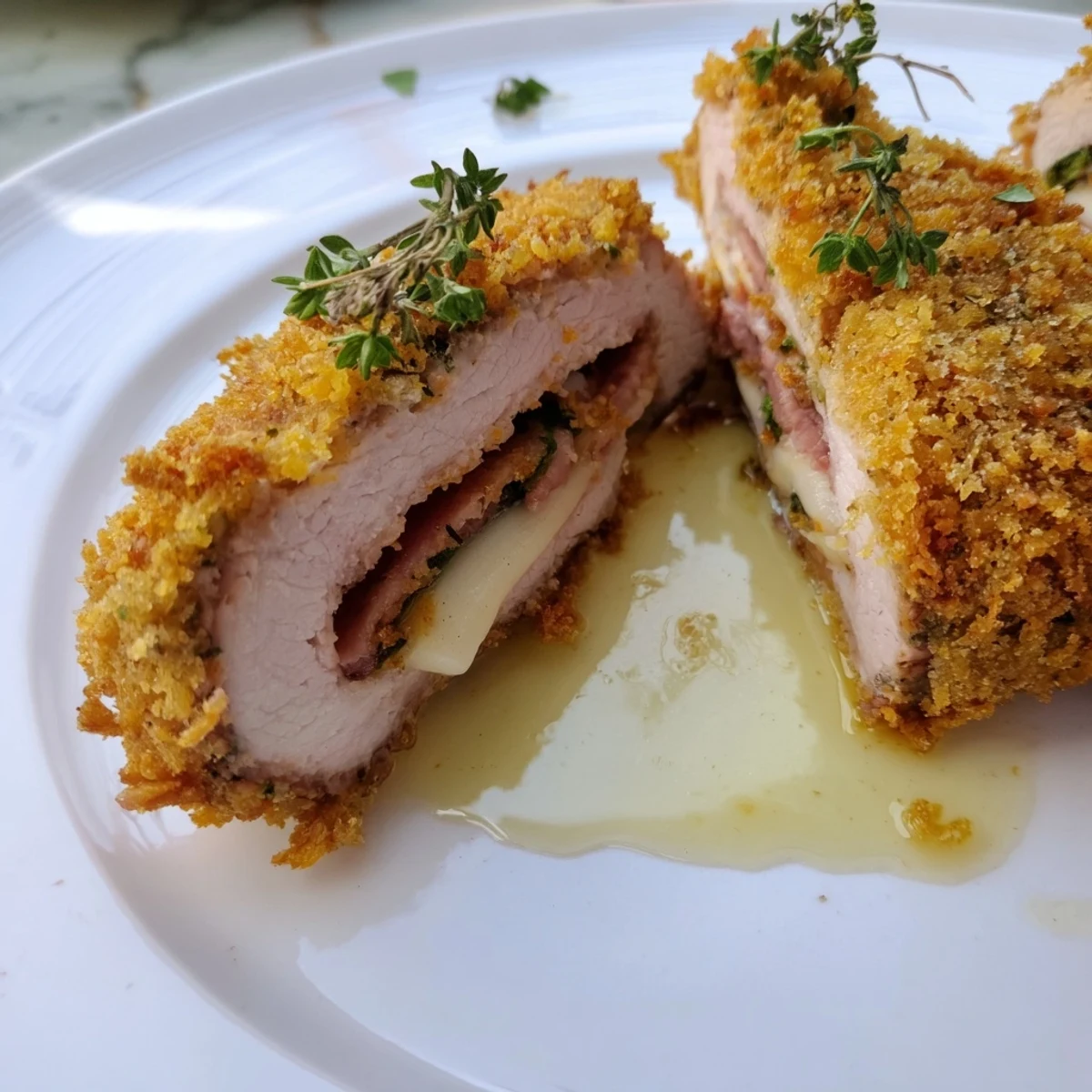 Zarte gefüllte Kalbsschnitzel mit reichhaltiger Kräuterfüllung, perfekt für besondere Anlässe.  