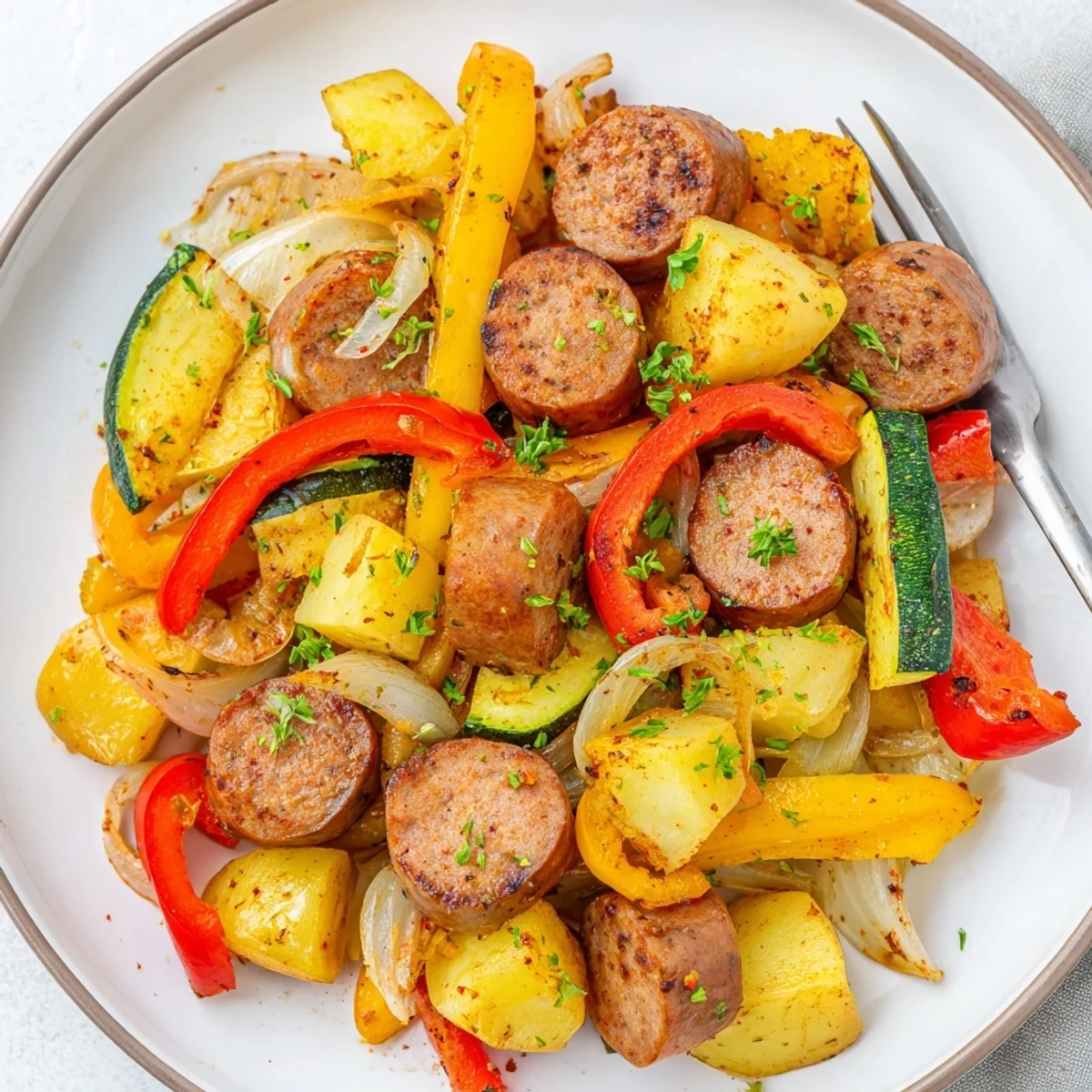 Leckere Bratwurst mit zarten Kartoffeln und knackigem Gemüse aus der Pfanne.