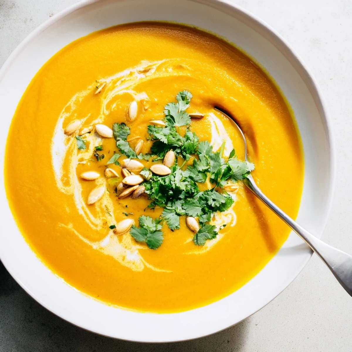 A vibrant bowl of Sweet Potato & Carrot Soup, offering a smooth, flavorful texture.