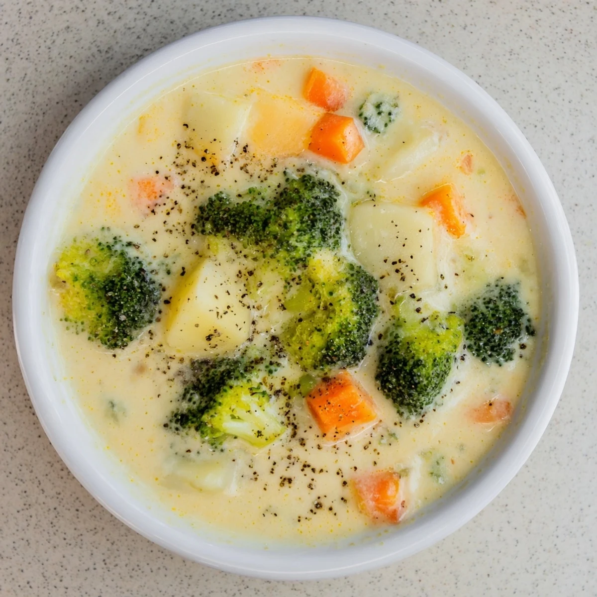 Vibrant overhead shot of creamy Broccoli and Cheese Soup, garnished and ready to be served.
