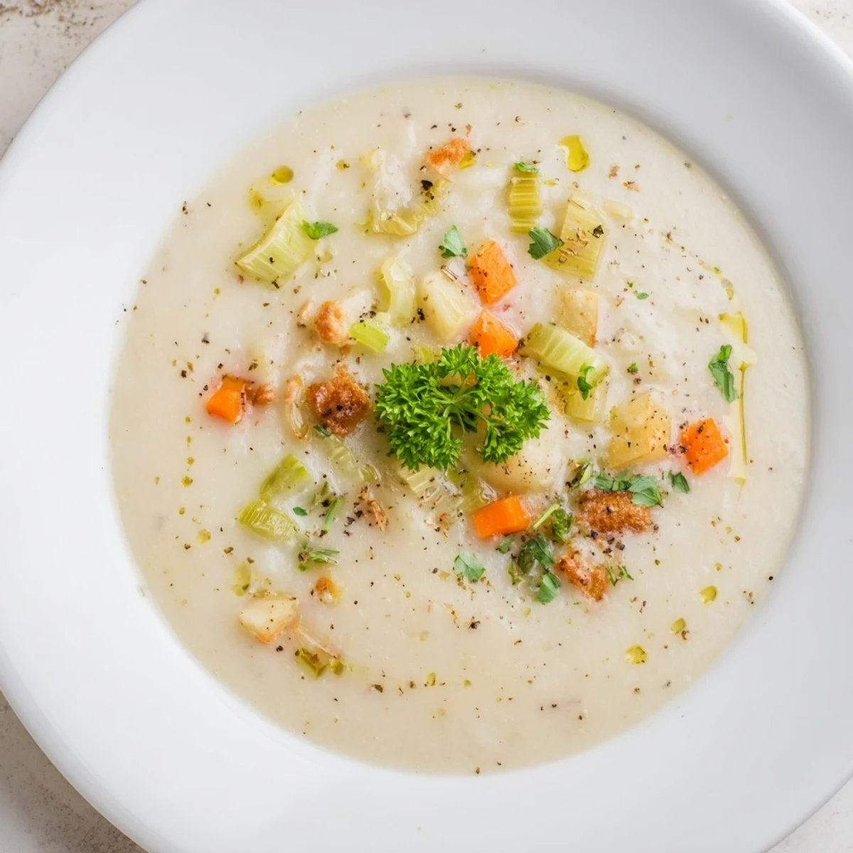 Creamy Garlic Potato Soup, garnished with parsley, a hearty vegan meal ready to serve with crusty bread.