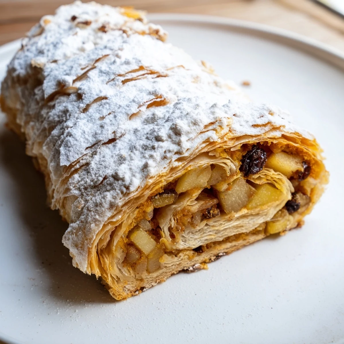 Golden-brown Oven-Baked Apple Strudel Rolls, ready to eat, dusted with powdered sugar and perfect.