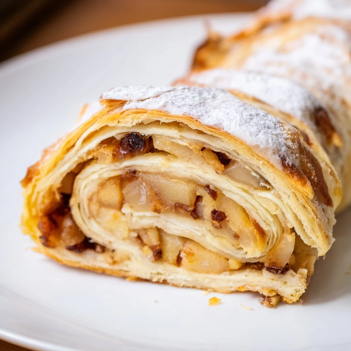 Close-up of freshly baked Oven-Baked Apple Strudel Rolls, showing the flaky pastry and juicy apples.