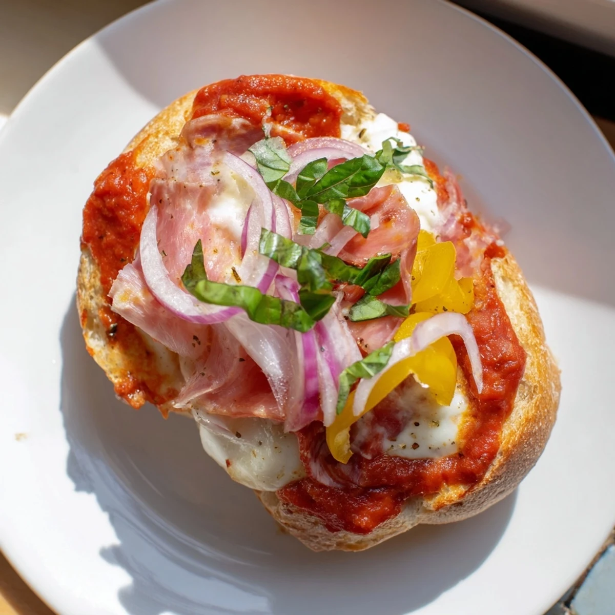 Goldbraune Brötchen Pizza-Hack mit geschmolzenem Käse und knusprigem Schinken, ein leckeres und schnelles Essen.