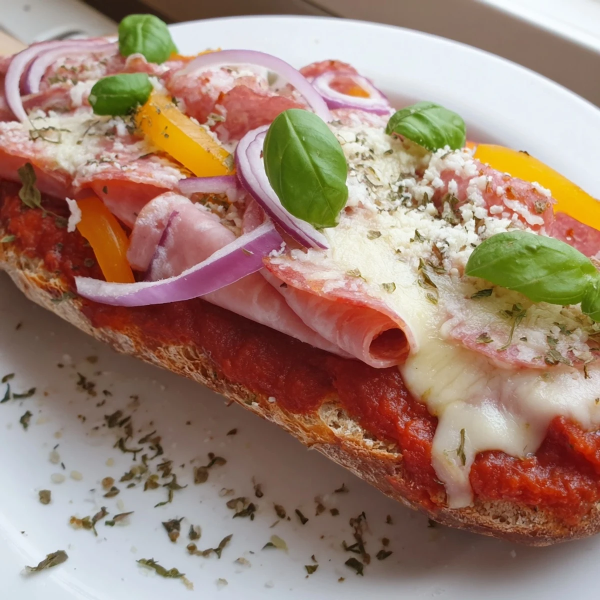 Köstliche, hausgemachte Brötchen Pizza-Hack mit dampfendem Käse und frischen Kräutern, perfekt zum Mittagessen.