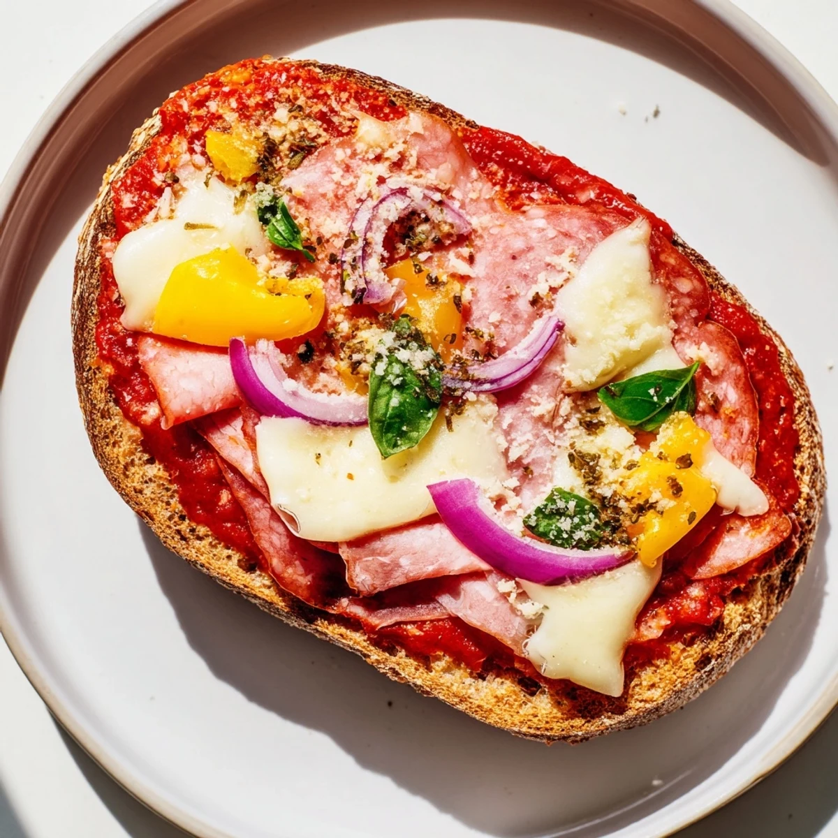 Herzhaft belegte Brötchen Pizza-Hack mit knusprigem Boden, Schinken und Mozzarella, ein einfaches Abendessen für alle.