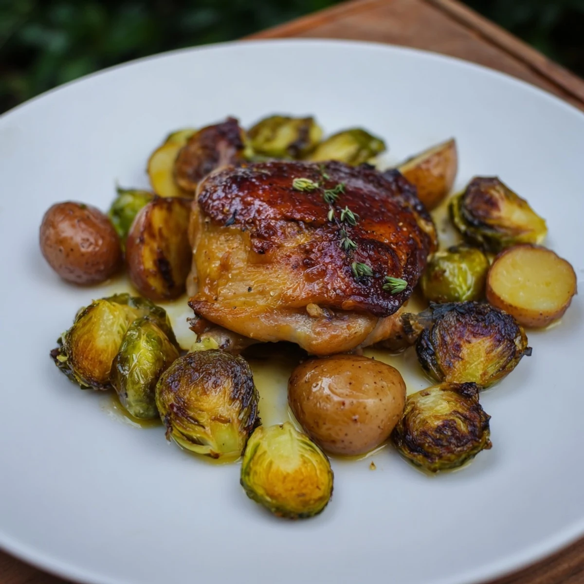 Juicy one-pan chicken with potatoes and Brussels sprouts, roasted to golden perfection, ready to serve.