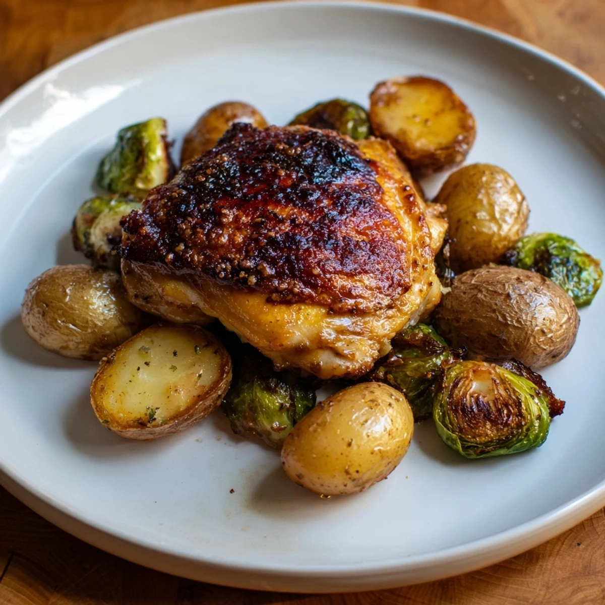 A close-up of a flavorful one-pan chicken dish with tender potatoes and crispy sprouts.
