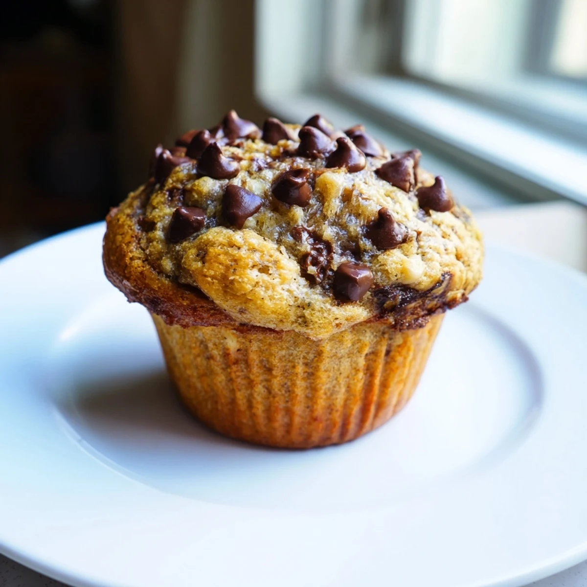 Warm Banana Chocolate Muffins with visible chocolate chips, a delicious American snack or dessert.