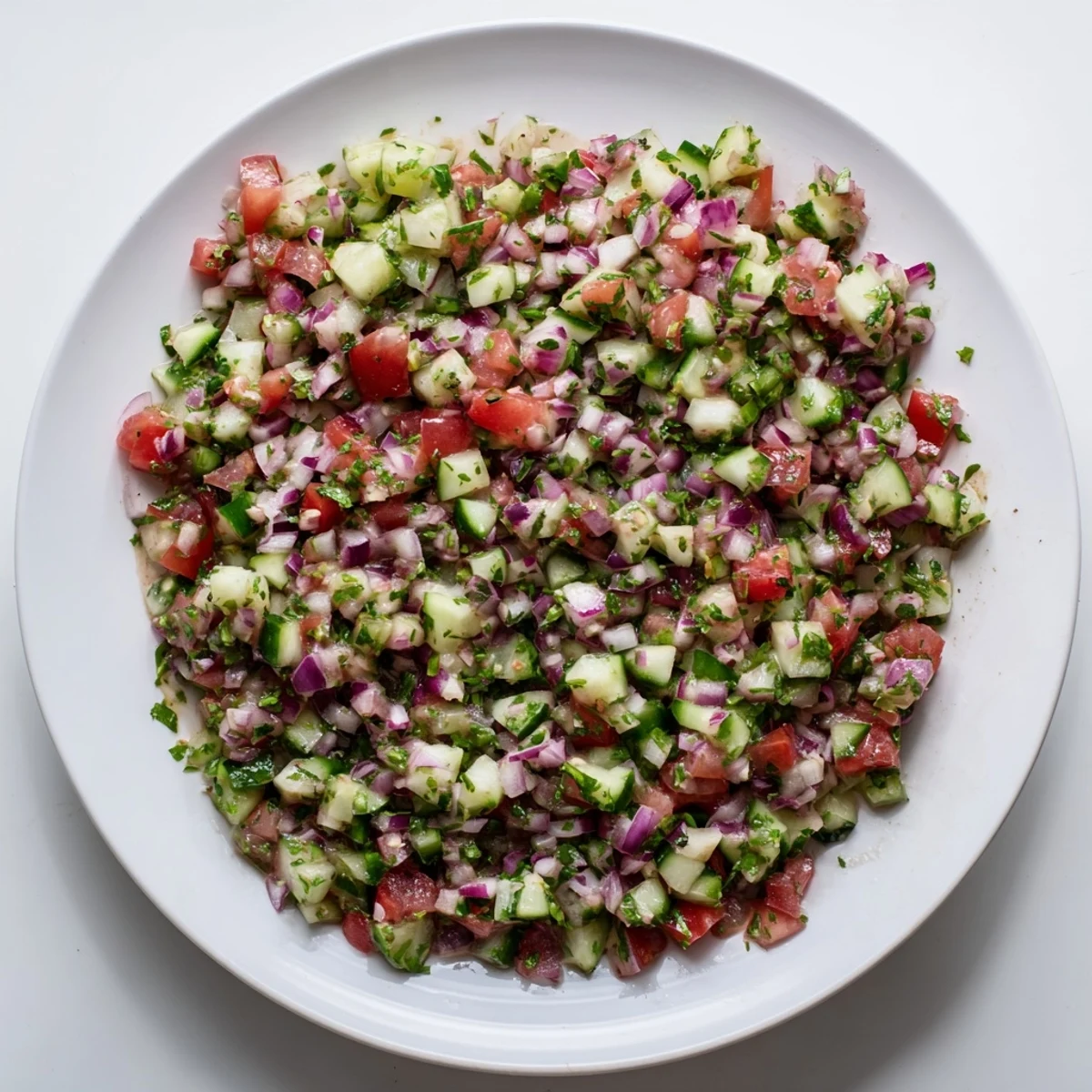 Zesty pickled cucumber pico de gallo: vibrant salsa with diced tomatoes and fresh cilantro.