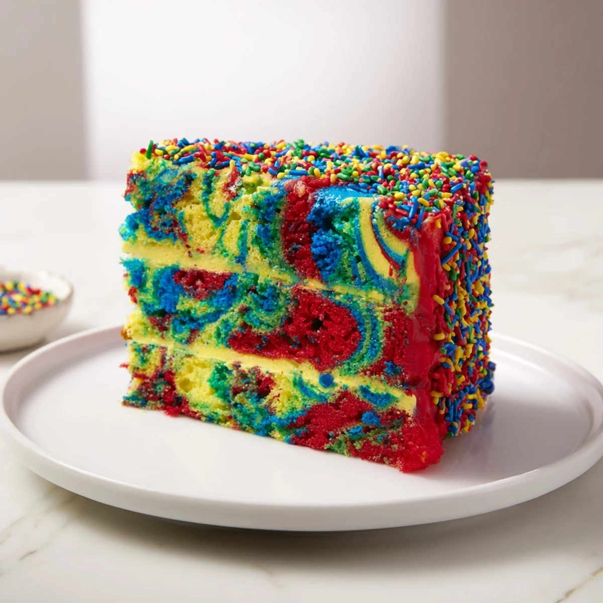 Close-up of a whimsical Chaotic Funfetti Cake, a delicious dessert perfect for celebrations.