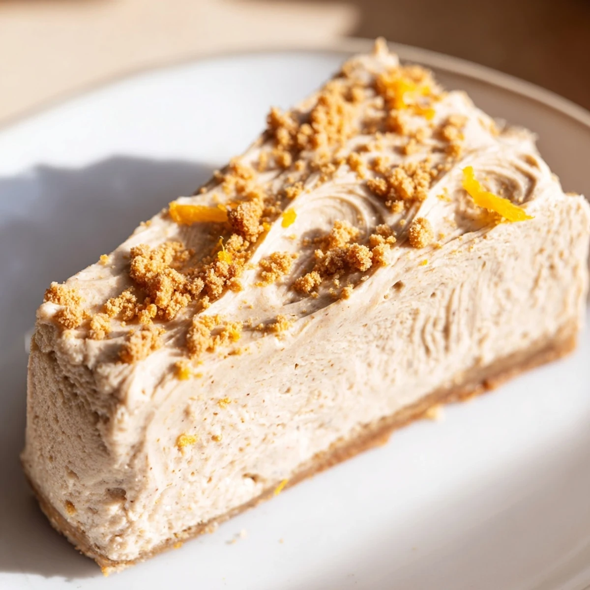 Close-up of a festive Lebkuchen Cheesecake with creamy cinnamon swirl frosting and crumbs.