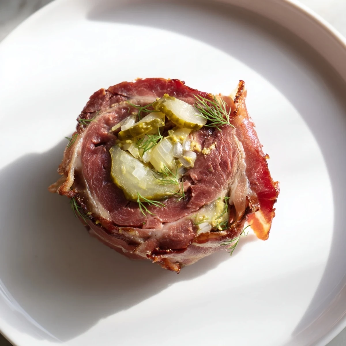 Close-up of savory mini rouladen, filled with bacon and pickles, perfect for a party appetizer.