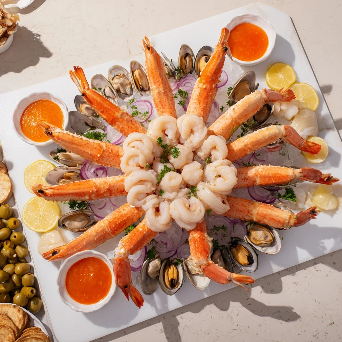A vibrant Starfish & Shell Appetizer Board, boasting fresh shrimp, scallops, and crab claws ready to enjoy.