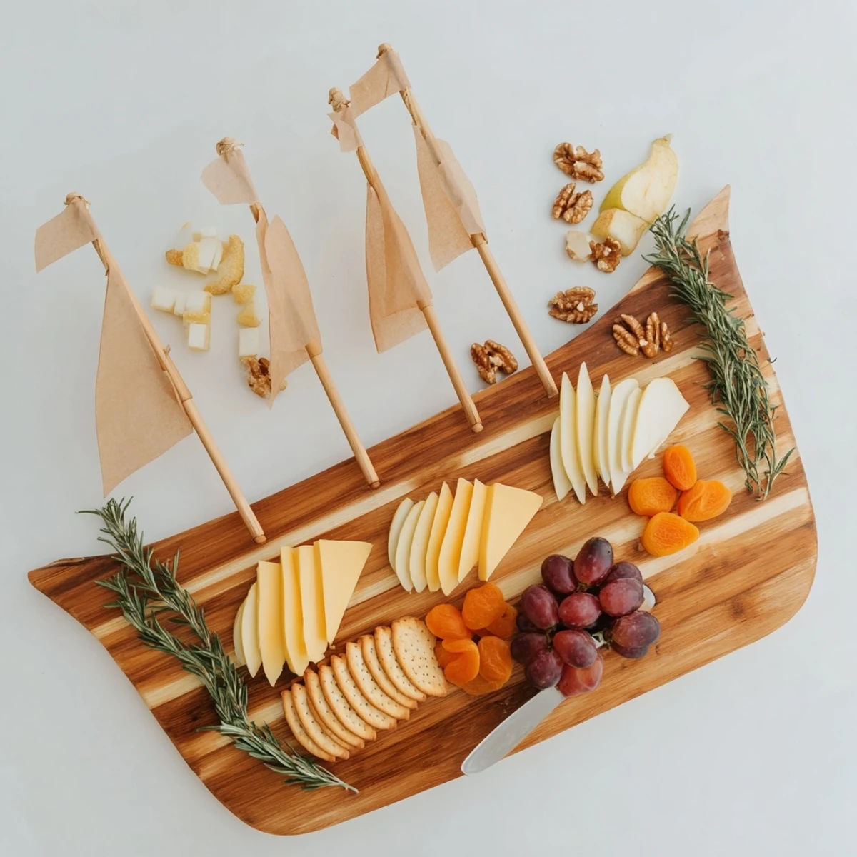 Vibrant Sailboat Cheese Platter, perfect for entertaining, with fresh grapes and almonds.