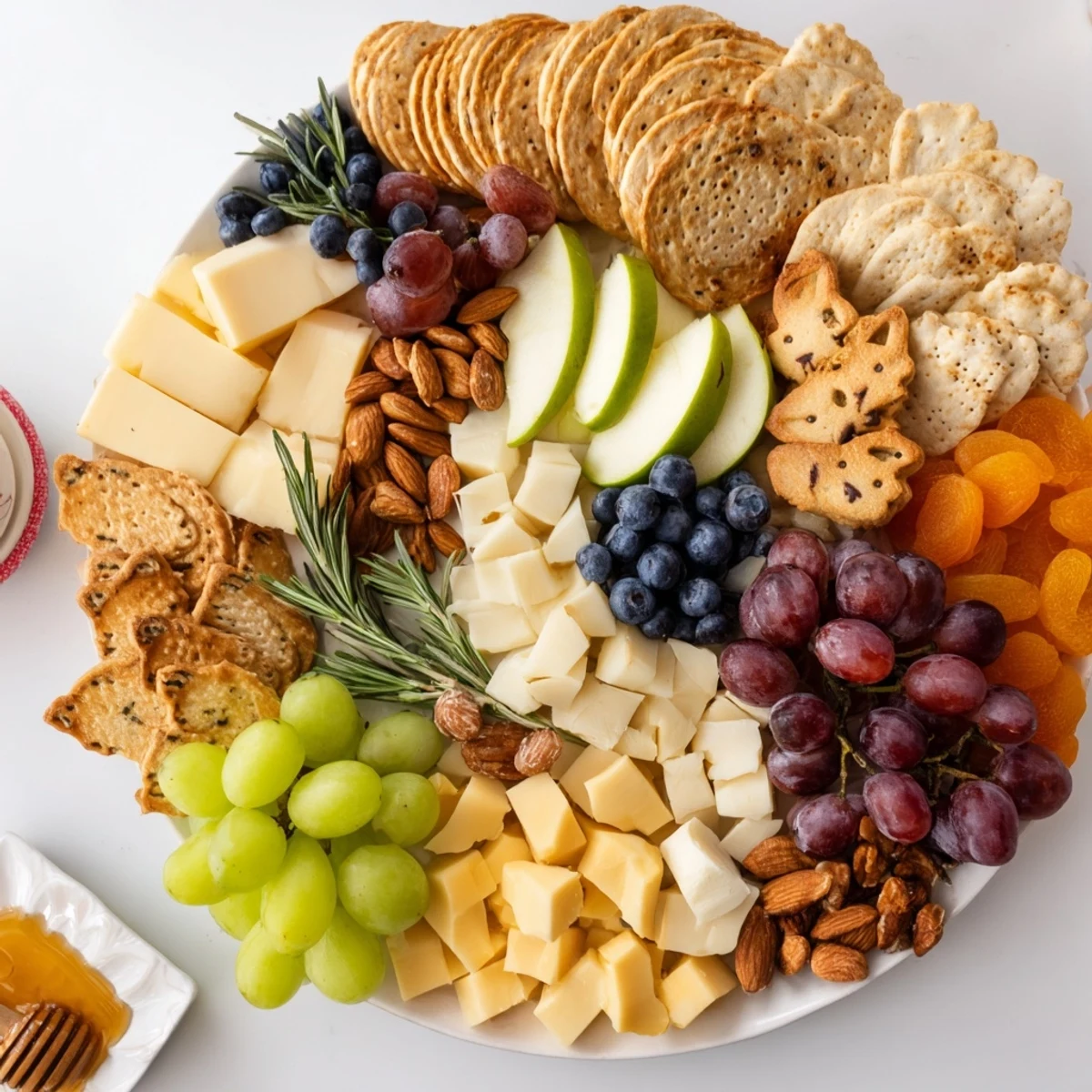 A beautifully arranged Cozy Forest Animal Board, featuring colorful fruit and delicious cheeses.