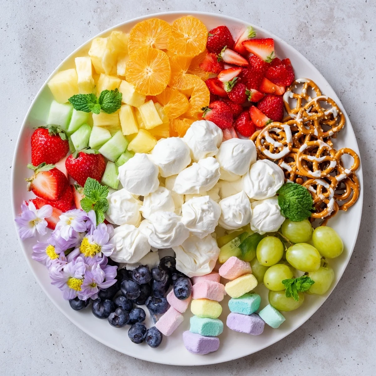 Cloud & Rainbow Grazing Board with colorful fruits, cheeses, and treats artfully arranged.
