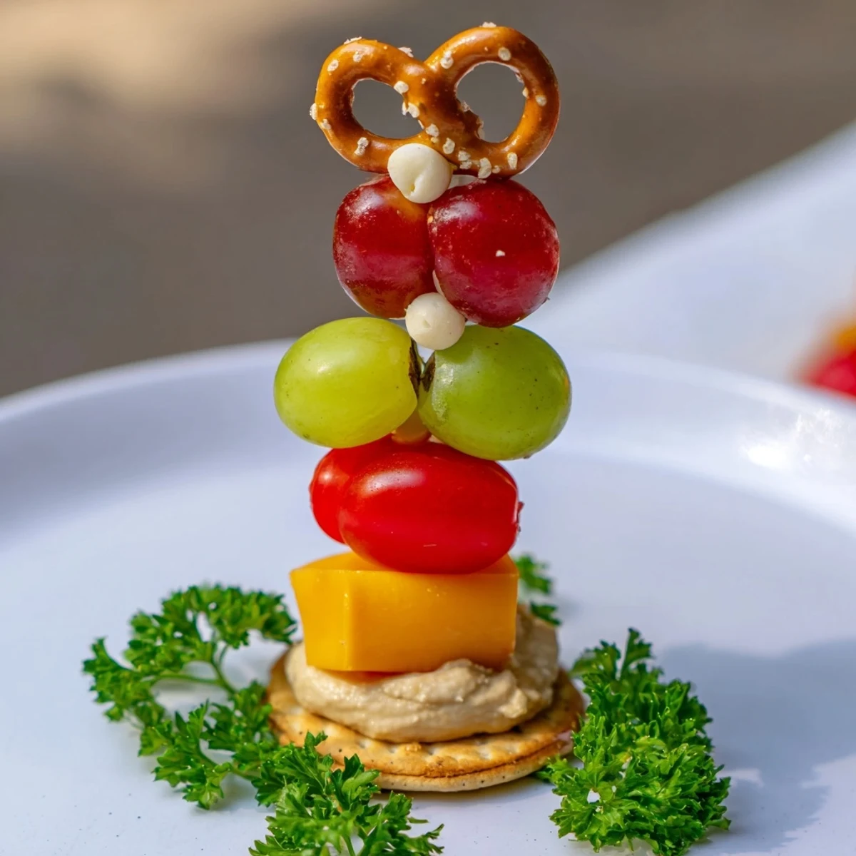 Colorful cherry tomatoes, grapes, and cheese make up these Up, Up, & Away Hot Air Balloon Snacks.