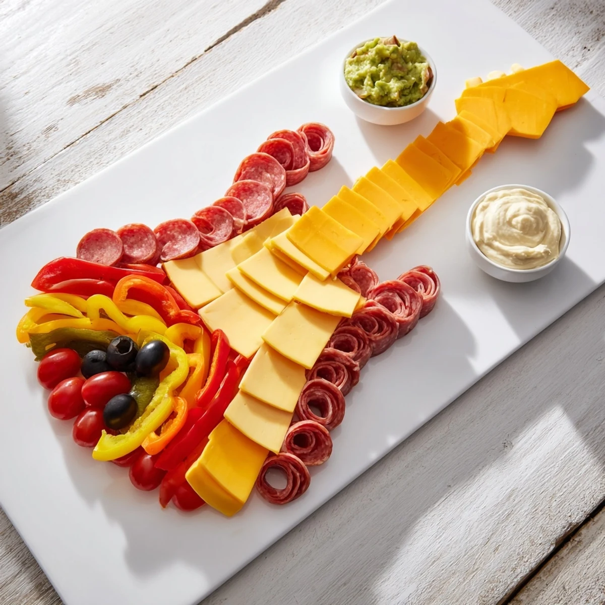 Rock Star Guitar Snack Platter, a vibrant, colorful appetizer platter with assorted snacks.