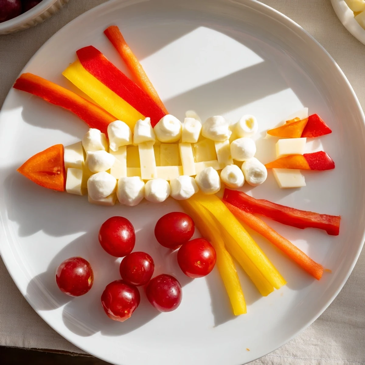 Kid-friendly Blast Off Spaceship Snack Board with crackers, grapes, and hummus, perfect for space lovers.