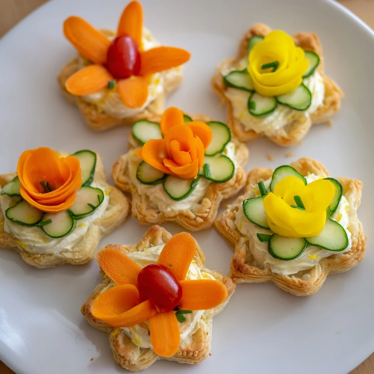 Fairy Garden Flower Shaped Snacks with vibrant vegetable garnishes ready for a kids party.