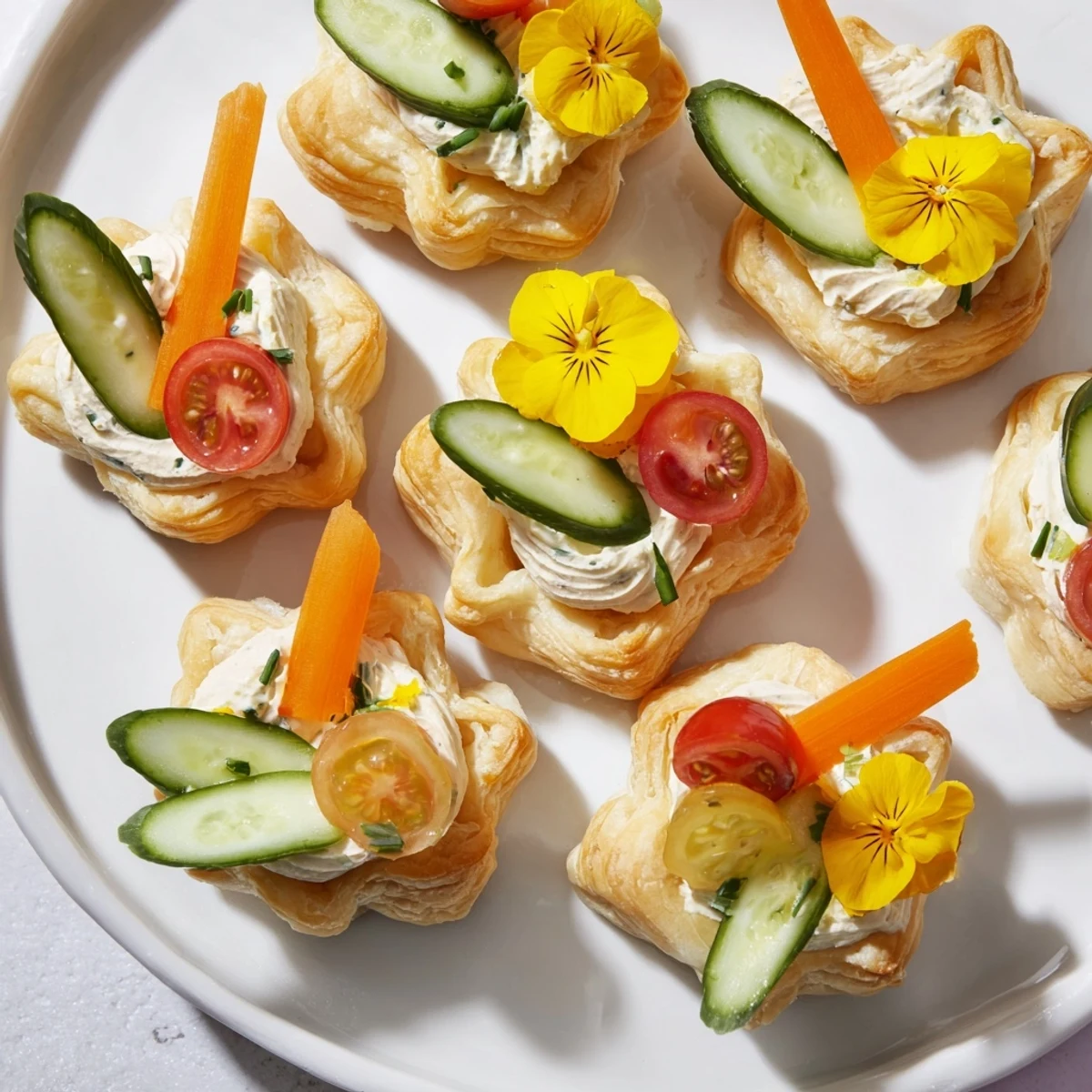 Colorful Fairy Garden Flower Shaped Snacks, arranged on a plate with cream cheese filling, look tempting.