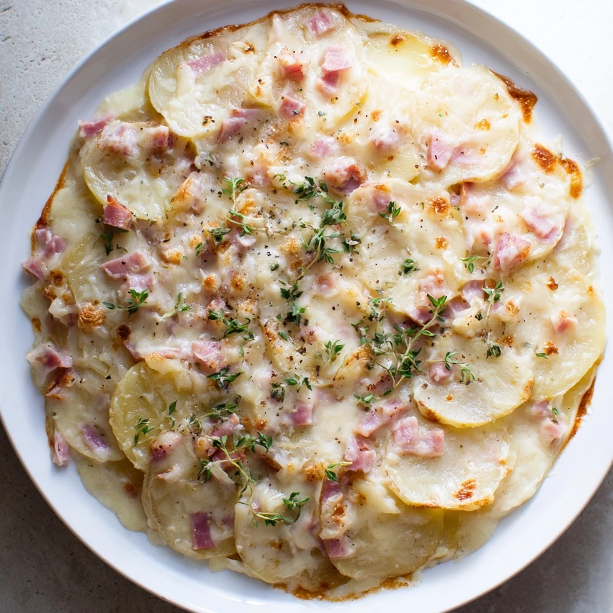 Golden, bubbling Plateau Moufle Chaud et Confortable, a French baked potato and ham dish, ready to serve.