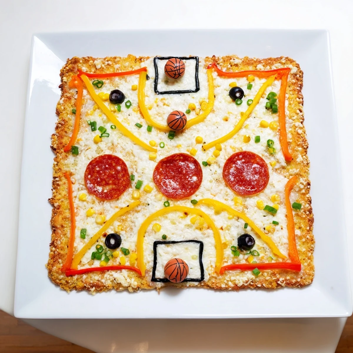 Here are the three ALT texts, suitable for the basketball court pizza photo: