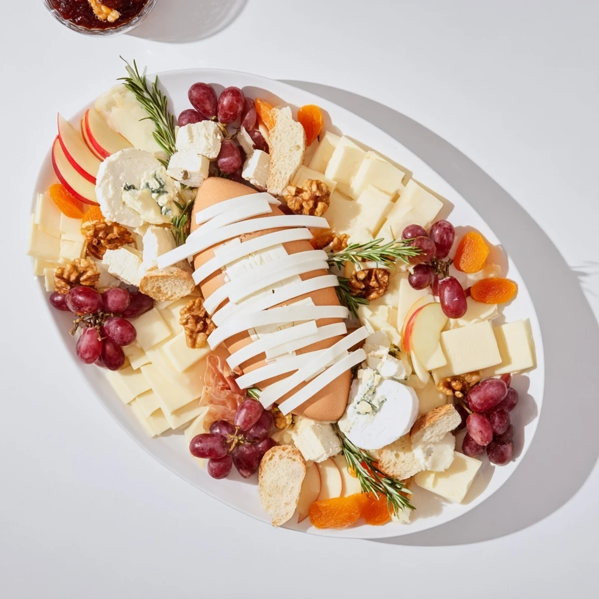 Oval Rugby Ball Cheese Board arranged with cheeses, fruit, nuts, and charcuterie, ready to serve and enjoy.