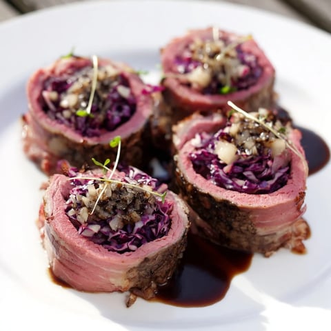 Sauerbraten Roulades with tender beef, red cabbage, and modern plating, ready to eat.