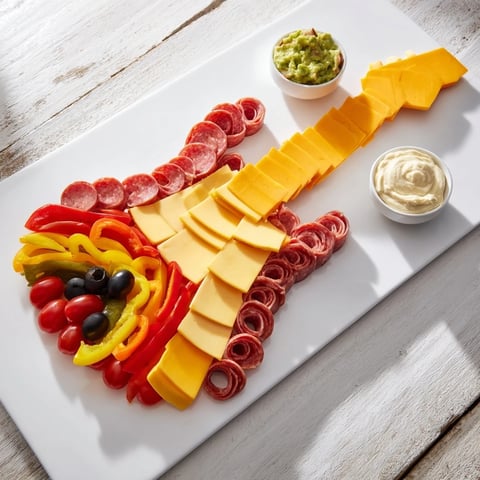 Rock Star Guitar Snack Platter, a vibrant, colorful appetizer platter with assorted snacks.