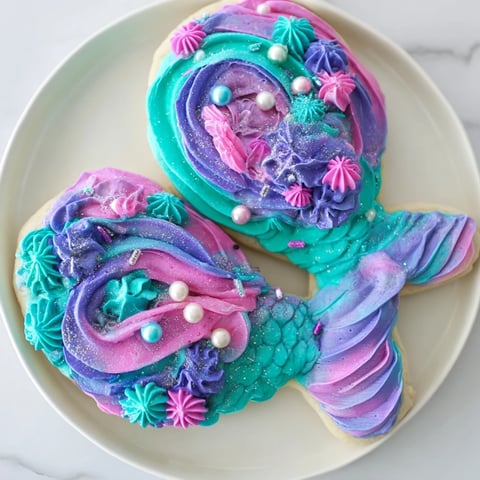 Delectable Mermaid Tail Under the Sea Sweets decorated with shimmering buttercream and candy pearls.