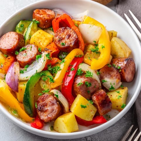 Skillet Bratwurst mit frisch geschnittenen Paprika und aromatischen Gewürzen genießen.  