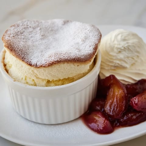 Fluffy Mulled Wine Soufflé with spiced plums and creamy vanilla, a delightful dessert.