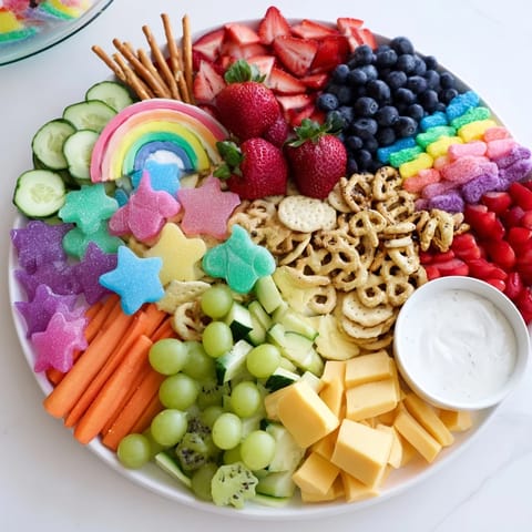 A colorful Unicorn Party Platter brimming with fresh fruit, veggies, and sweet treats, ready to serve.