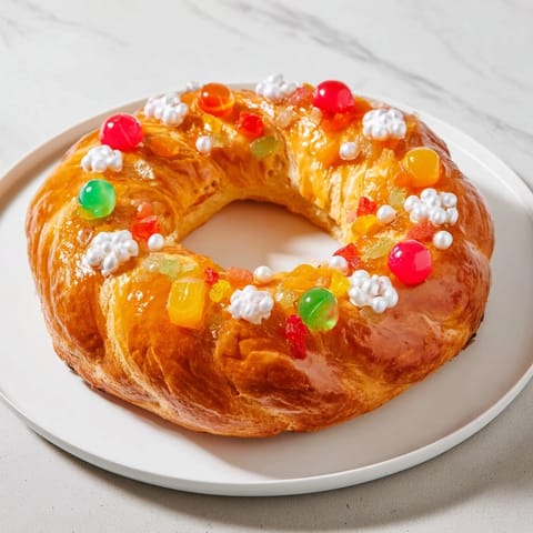 A golden-brown Couronne de Roi Bijoux Sucrés, a French crown bread sparkling with candied jewels.