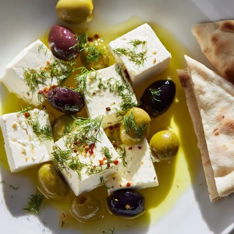 A colorful Turkish Olives & Cheese Board, showcasing briny olives with creamy feta and pita.
