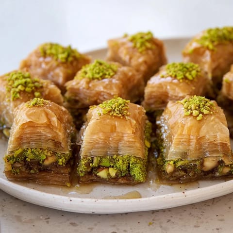 Golden-brown Turkish hazelnut and pistachio baklava, glistening with honey syrup, a delicious dessert.