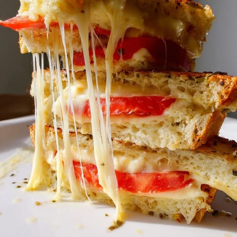 Pepper Jack & Tomato Grilled Cheese sandwich on jalapeño bread with melted cheese and fresh tomato slices.