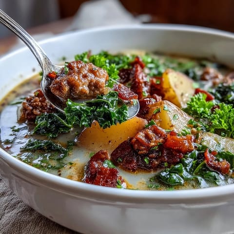 Hearty Italian Sausage Soup with creamy broth, crispy bacon, tender potatoes, and fresh kale in a rustic bowl.