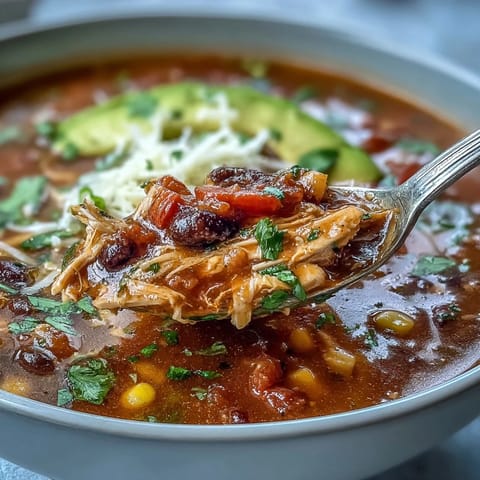 Gesättigtes Instant Pot Chicken Tortilla Soup angerichtet mit Koriander, Limette, Käse und knusprigen Tortilla-Strips.