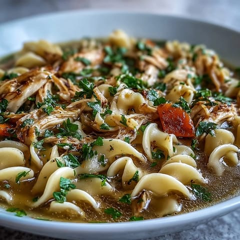Instant Pot Chicken Noodle Soup mit dampfenden Eiernudeln und Garnelen in einer Schüssel