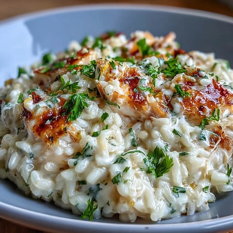 Frisch zubereitetes Smoked Haddock Risotto mit zartem Fischfilet und aromatischem Parmesan, serviert im Keramikteller.