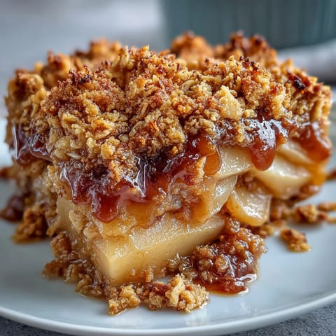 Warmes Pear Crumble mit knuspriger Haferkrume aus der Auflaufform