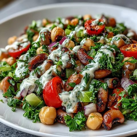 Frisch zubereitete New Years Hoppin John Salad mit schwarzaugigen Erbsen, Kichererbsen und cremiger Tahini-Dressing.