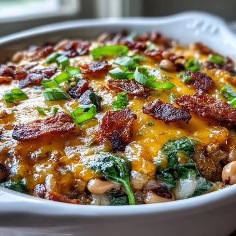 Tex Mex Black Eyed Pea Casserole topped with golden melted cheddar and smoky bacon bits.